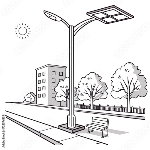 A black and white sketch of a solar powered street lamp on a sidewalk next to a park with trees and a building