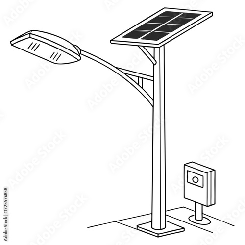 A clean line drawing illustration of a modern solar powered street lamp with a small control box on a sidewalk