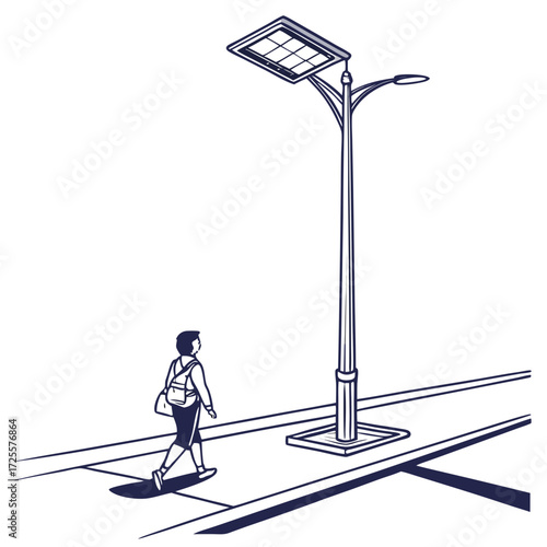 A person walks along a sidewalk next to a tall solar powered street light on a clear day
