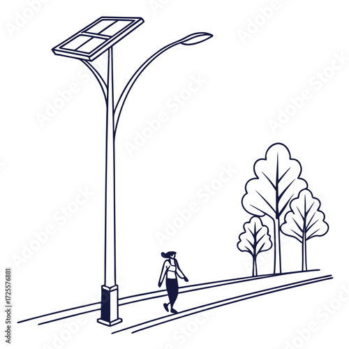 A lone woman walks on a path beside a solar powered street lamp and trees in a minimalist line art style