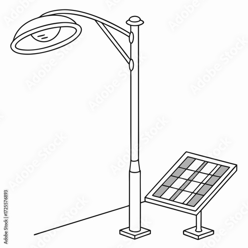 A simple line drawing illustration of a modern solar powered street lamp with a separate solar panel