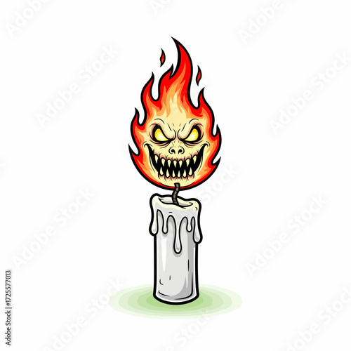 Cartoon Candle with Fiery Face and Menacing Grin Halloween Illustration.