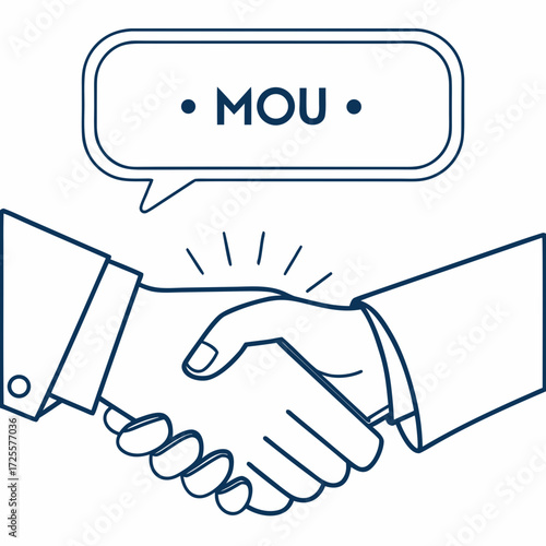 Business handshake symbolizing agreement and partnership with a speech bubble containing the acronym mou