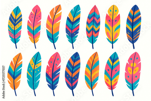 Stylized Feather Vector Collection with Colorful Patterns and Decorative Boho Design