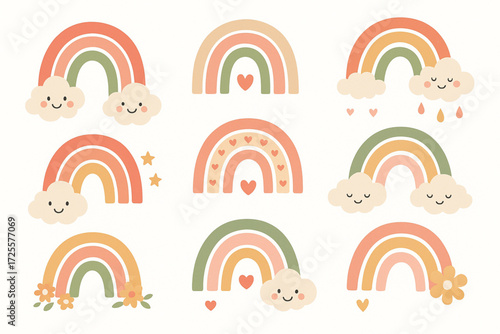 Whimsical Cartoon Rainbow Grid with Smiling Clouds and Pastel Decorative Elements