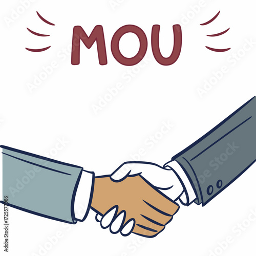 Cartoon illustration of two hands shaking in agreement with the word mou above signifying a memorandum of understanding
