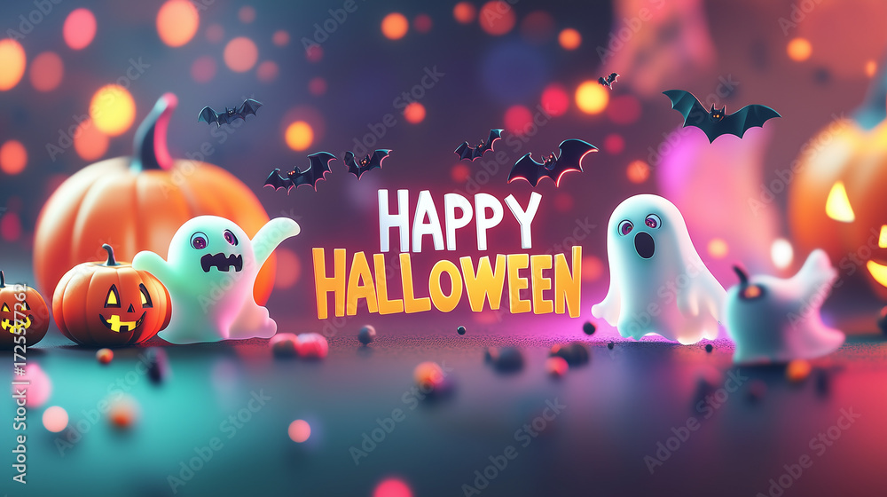 Naklejka premium halloween party banner with cute ghost, pumkins and bats