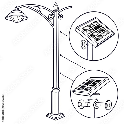 Detailed line drawing illustration of a decorative street lamp powered by solar panels showing close up views of the solar cells