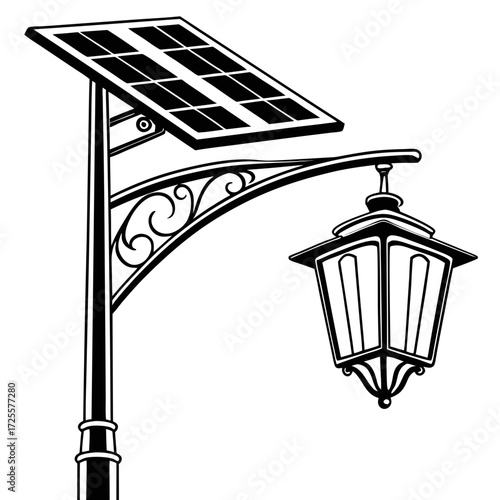 Decorative vintage street lamp powered by a solar panel on a white background illustration