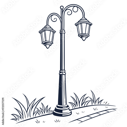 Elegant vintage double headed street lamp post with ornate scrollwork and decorative base standing on a pathway surrounded by grass