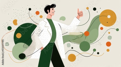 A smiling scientist in a lab coat gives a thumbs up, surrounded by abstract green and orange shapes and scientific elements.