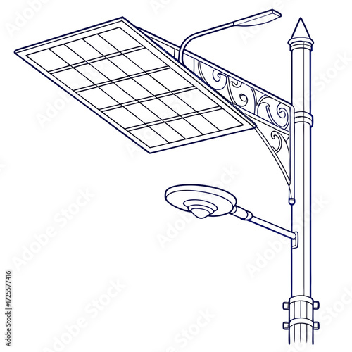 Illustration of a modern solar powered street light with a decorative ornate bracket and a second lamp below