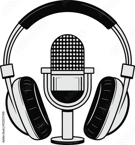 Microphone with headphones illustration, classic audio gear design, podcast and broadcasting concept, sound recording icon, media branding artwork, music studio vector graphic