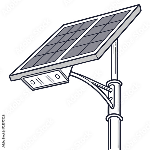 Illustration of a modern solar powered street light with a panel mounted on a pole