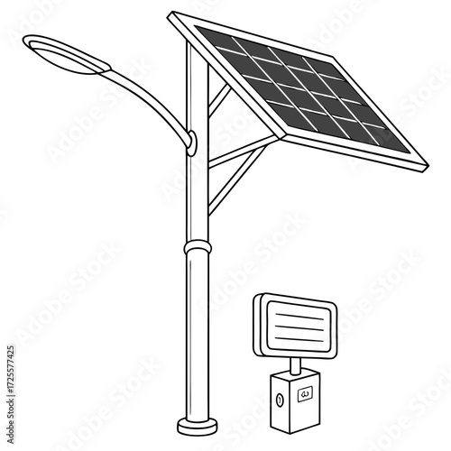 Illustration of a modern solar powered street light with a photovoltaic panel and a separate control unit