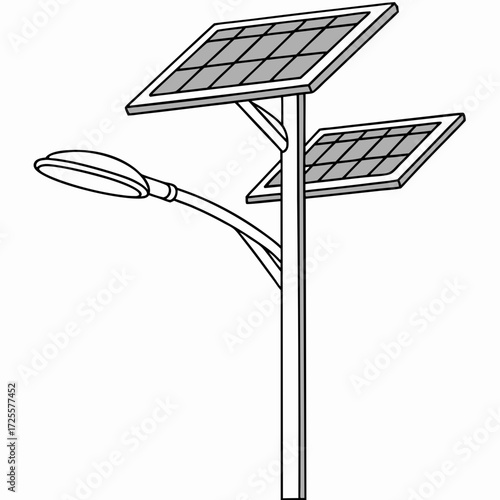 Illustration of a modern solar powered street light with two photovoltaic panels on a white background