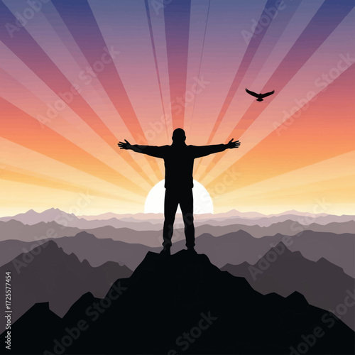 Man celebrating success on mountain top at sunrise with arms outstretched, feeling accomplished and free, dynamic illustration for adventure and achievement