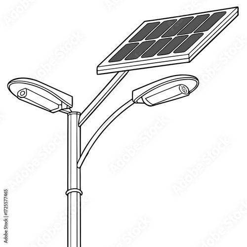 Illustration of a modern street lamp post with a solar panel powering two lights on a white background