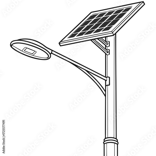 Line drawing illustration of a modern street lamp powered by a solar panel on a white background