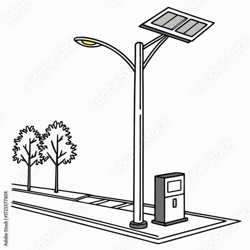 Modern solar powered street lamp with integrated charging station and trees lining a sidewalk