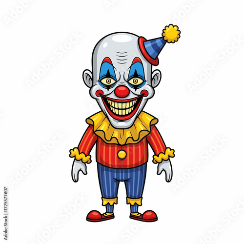 Cartoon Clown with Red Nose Yellow Eyes and Striped Costume.
