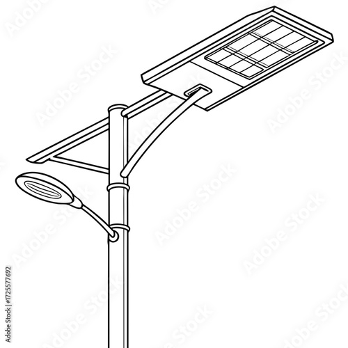 Modern solar powered street lamp with integrated panel and led light fixture on a pole