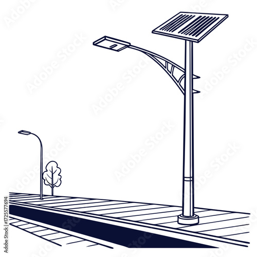 Modern solar powered street lamp with panel on pole illuminating a pathway next to a road and tree