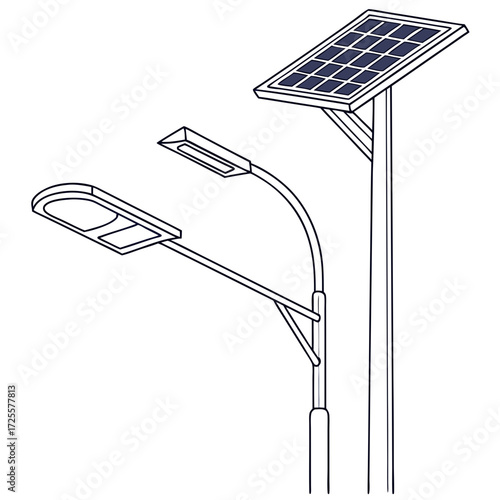 Modern solar powered street lights with clean lines and a simple outline design on a white background