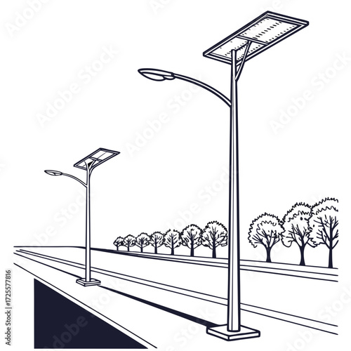 Modern solar powered street lights illuminating a road with a row of trees in the background