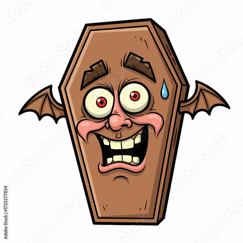 Cartoon Coffin Character with Bat Wings Sweaty Brow and Goofy Grin.