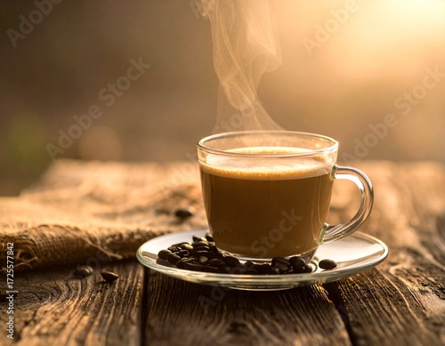 Hot Coffee in Glass Cup on Rustic Table Outdoors
