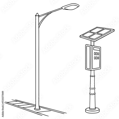 Modern street lamp and solar powered information kiosk with keypad and display on white background