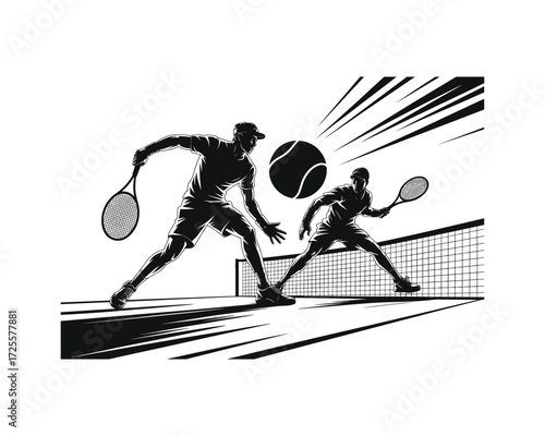 Dynamic black and white illustration of two tennis players in action during a match