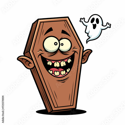 Cartoon Coffin Character with Googly Eyes and a Friendly Ghost Companion.