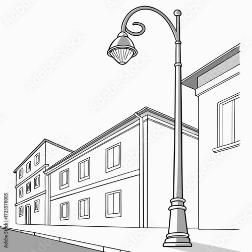 Stylized black and white illustration of a street lamp standing on a sidewalk in front of european style buildings