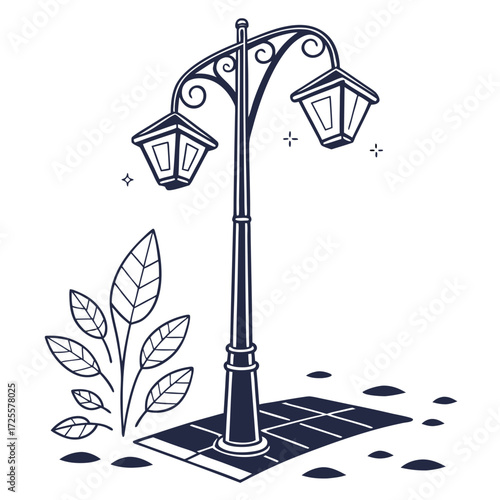 Stylized illustration of a vintage double headed street lamp with ornate details and surrounding foliage on a paved surface