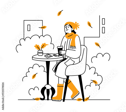 A cozy autumn vibe. A woman sits at a table in a cafe outside, drinking a hot drink, tea, or coffee. Vector doodles