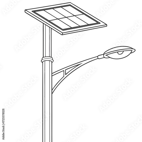 Stylized line art illustration of a modern solar powered street lamp with a clean design and white background