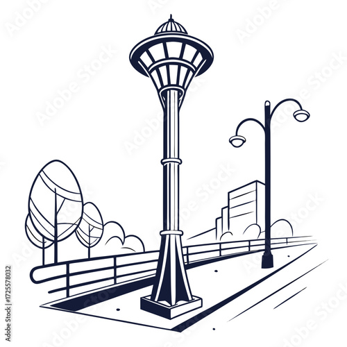 Stylized line art illustration of a tall iconic tower and streetlights on a pathway with trees and buildings in the background