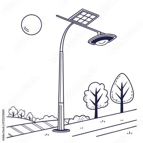 Stylized line drawing of a solar powered street lamp standing tall in a park with trees and a path