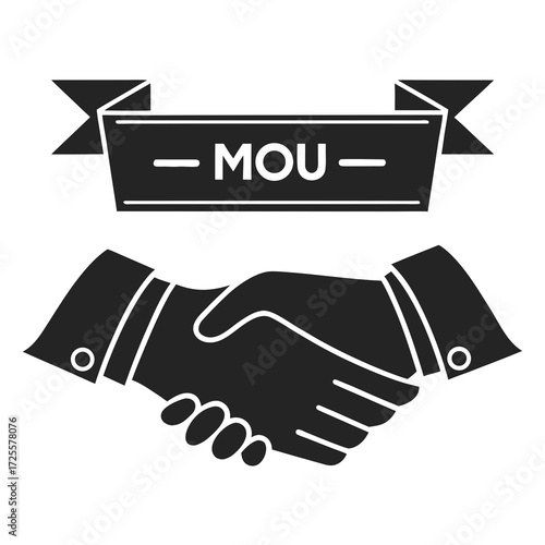 Symbolic handshake representing a memorandum of understanding agreement with a banner displaying the acronym mou