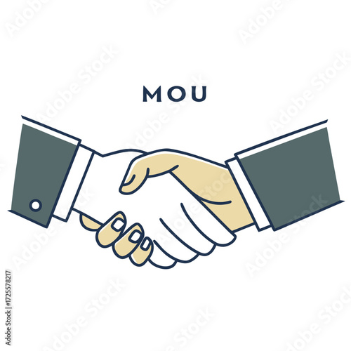 Two business people shaking hands with the word mou above symbolizing agreement and partnership