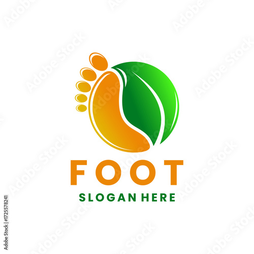 Feet with leaves forming a circle vector logo template design, Footprints combination with green leaves, elegant gradient foot business logo vector design.
