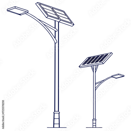 Two distinct solar powered street lights with panels angled towards the sun for optimal energy collection