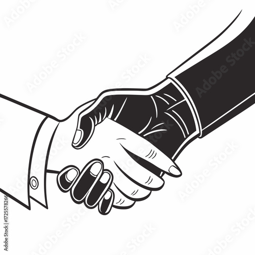 Two hands shaking in a business handshake symbolizing agreement partnership and trust in a stylized black and white illustration