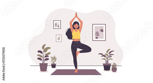 Woman Practicing Yoga at Home for Relaxation and Balance, Achieving Inner Peace
