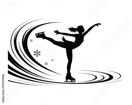 Dynamic silhouette of a figure skater performing an elegant spin with swirling ice trails and snowflakes