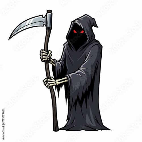 Cartoon Grim Reaper with Glowing Red Eyes and Gleaming Scythe.