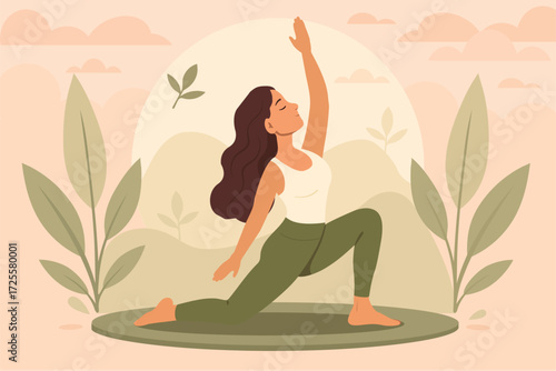 Woman in crescent lunge pose on a yoga mat. Background with mountains, clouds, and sun creates a peaceful atmosphere for yoga practice.
 Vector EPS 10