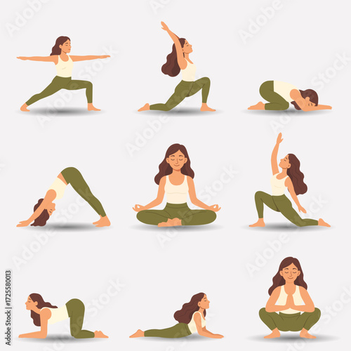 Set of 9 illustrations: woman demonstrating various yoga poses (Warrior II, Lunge, Child’s Pose, Downward Dog, Lotus, Cobra, Cat-Cow, Garland) in modern flat style. Vector EPS 10
